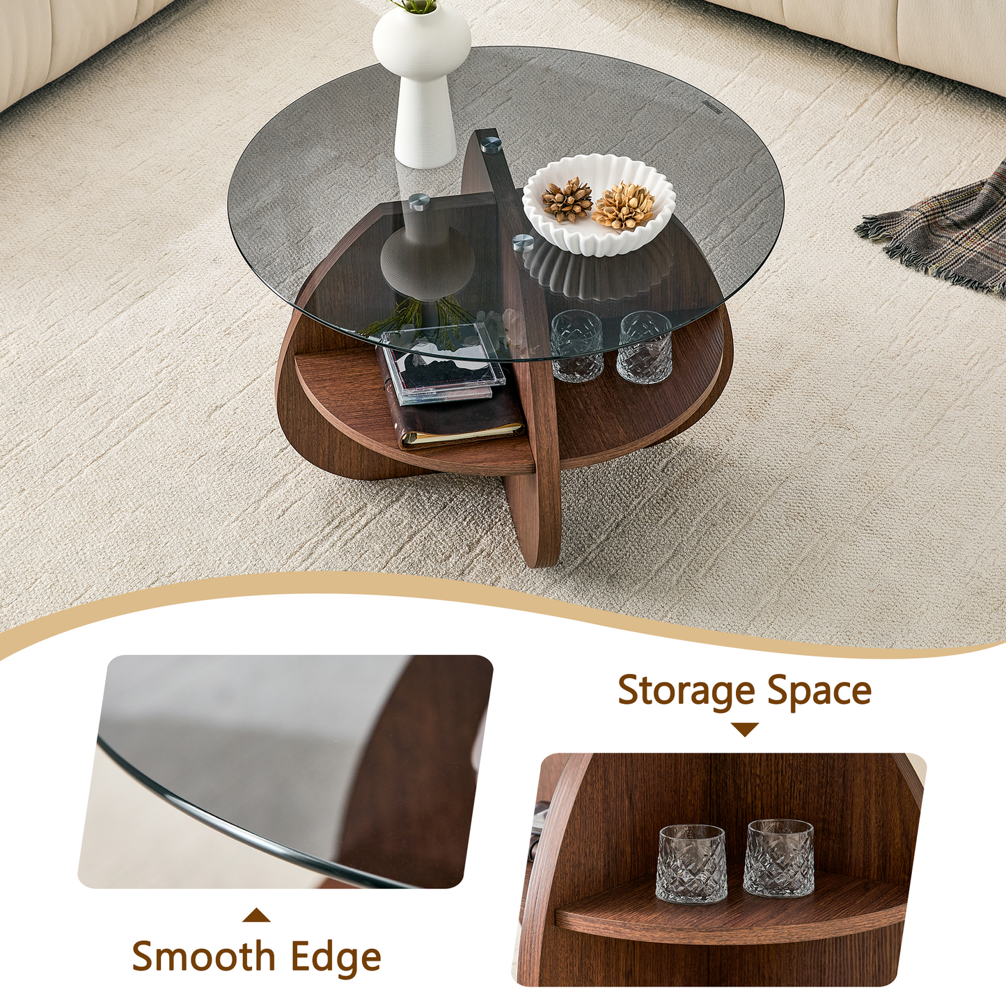 Creative Cross-Structure Round Coffee Table with Glass Top