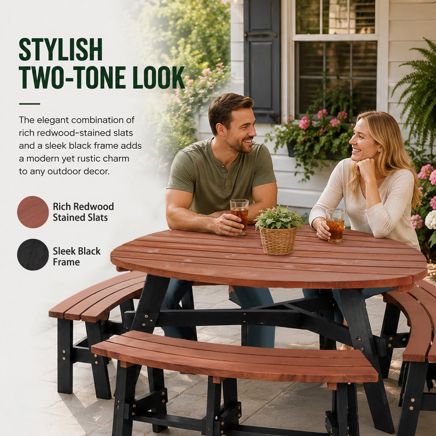 6-Person Semi-Circular Outdoor Solid Fir Wood Picnic Table Set, Rustic