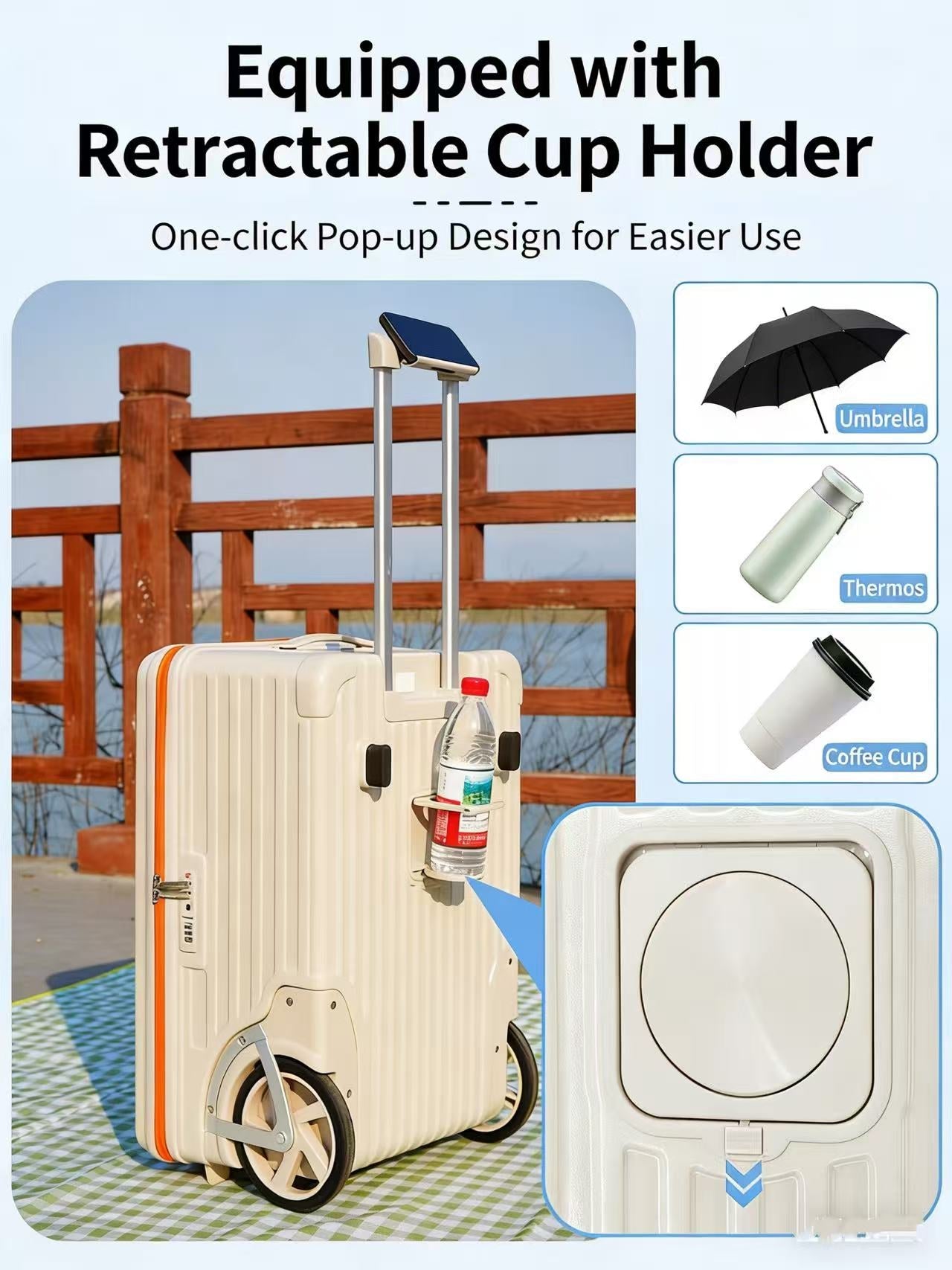 PC Material Large Wheel Luggage, 20 Inches, 24 Inches, TSA Lock, Folding Cup Holder, Outdoor Travel Luggage With Phone Holder And USB Port, Portable Rolling Luggage