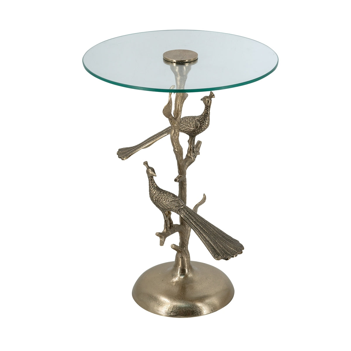 Gold Peacock Side Table with Round Glass Top