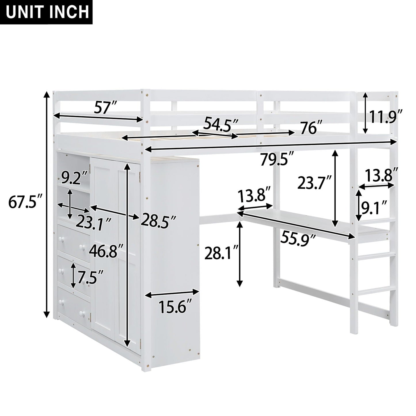 Loft Bed With Built In Wardrobe, Shelves And Drawers