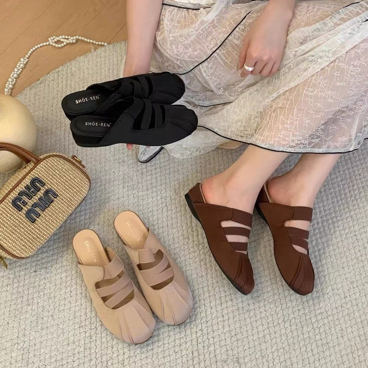 Women Retro Three Strap Split Toe Mule Flats, Pleated Front Soft Leather Backless Slip On Minimalist Casual Daily Walking Summer Slides Black Khaki Coffee Brown