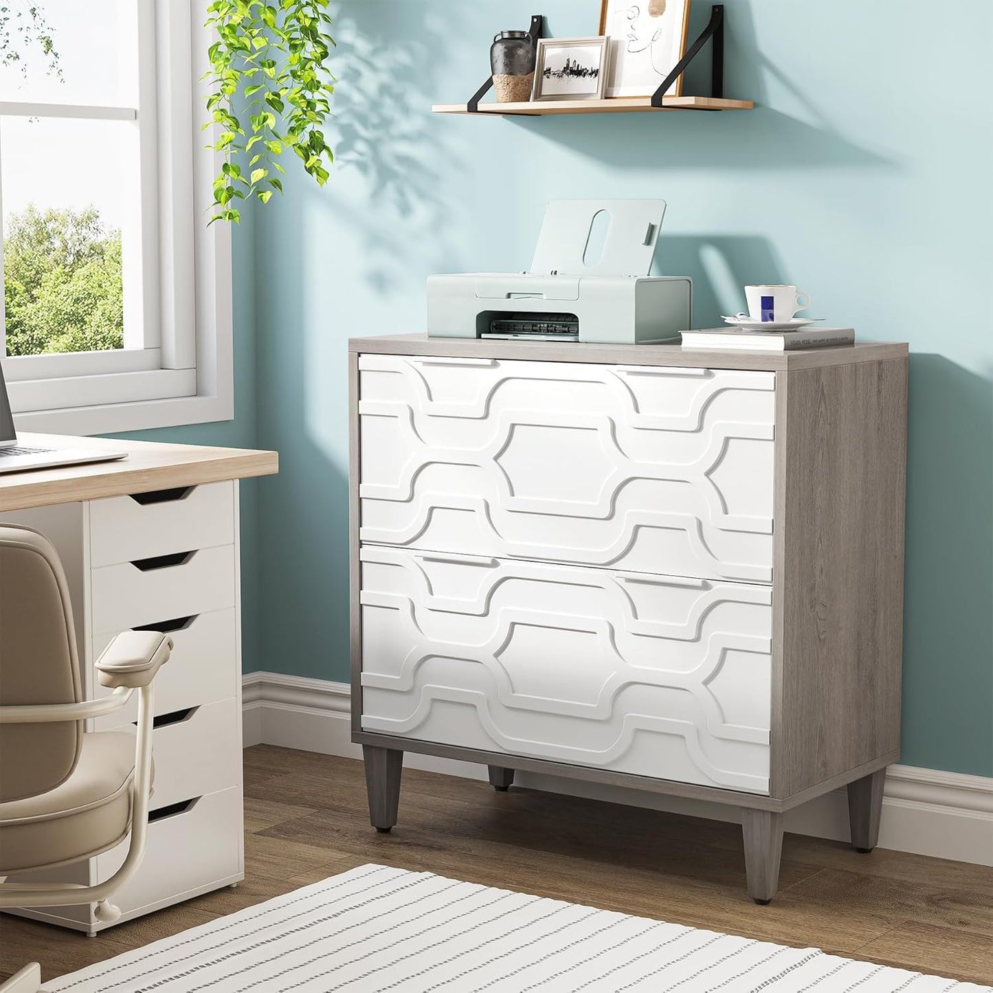 2 Drawer Lateral File Cabinet, Fits A4 / Letter / Legal - Gray / White