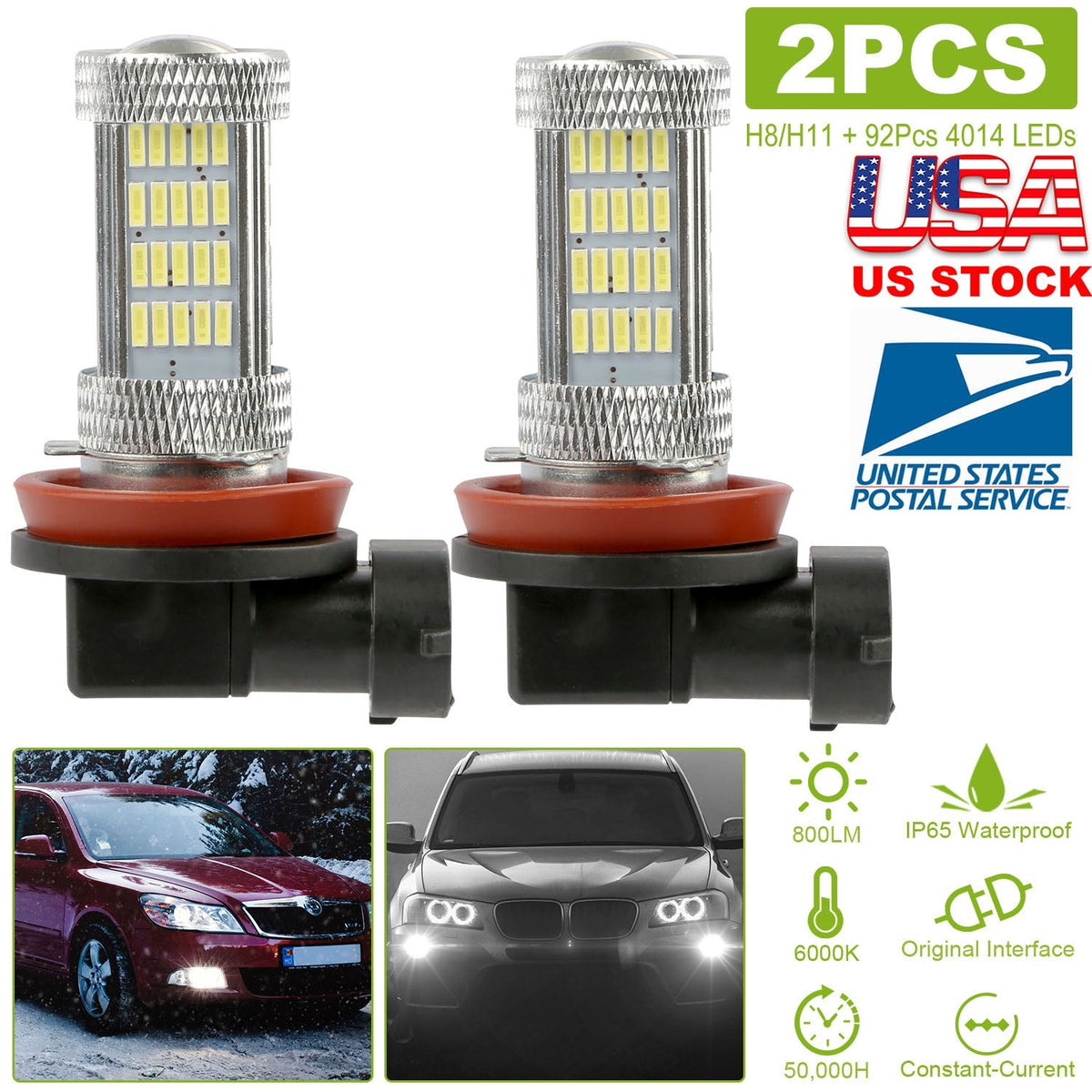 2PCS 800lm H8/H9/ H11 LED Fog DRL Light Bulb IP65 Water-Resistant 360¡ Beam Angle 6000K White