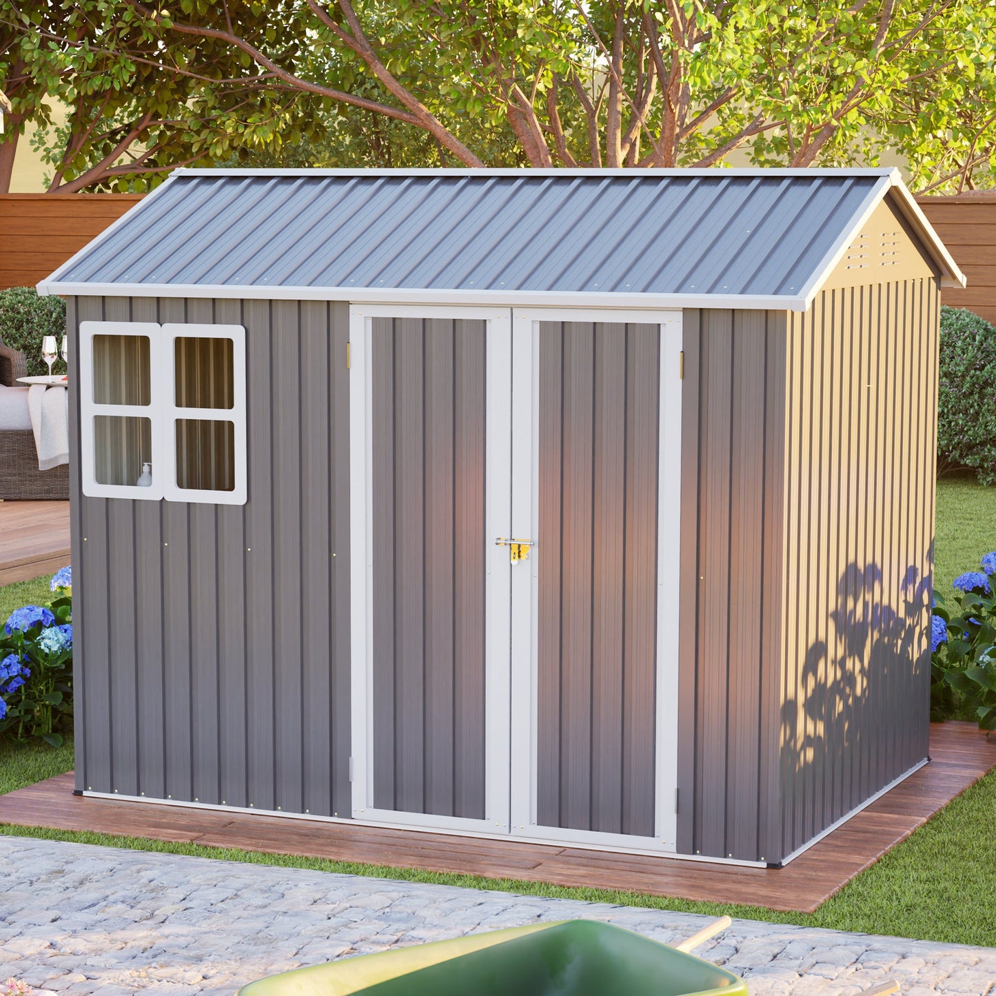 8'x6' Large Steel Storage Shed with Window, Lockable Doors & Sloped Roof