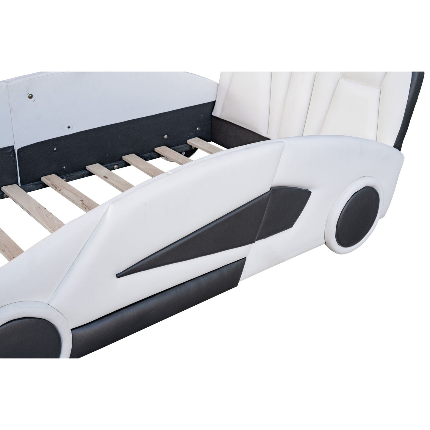 Race Car Shaped Twin Platform Bed With Wheels, Pine Wood Construction