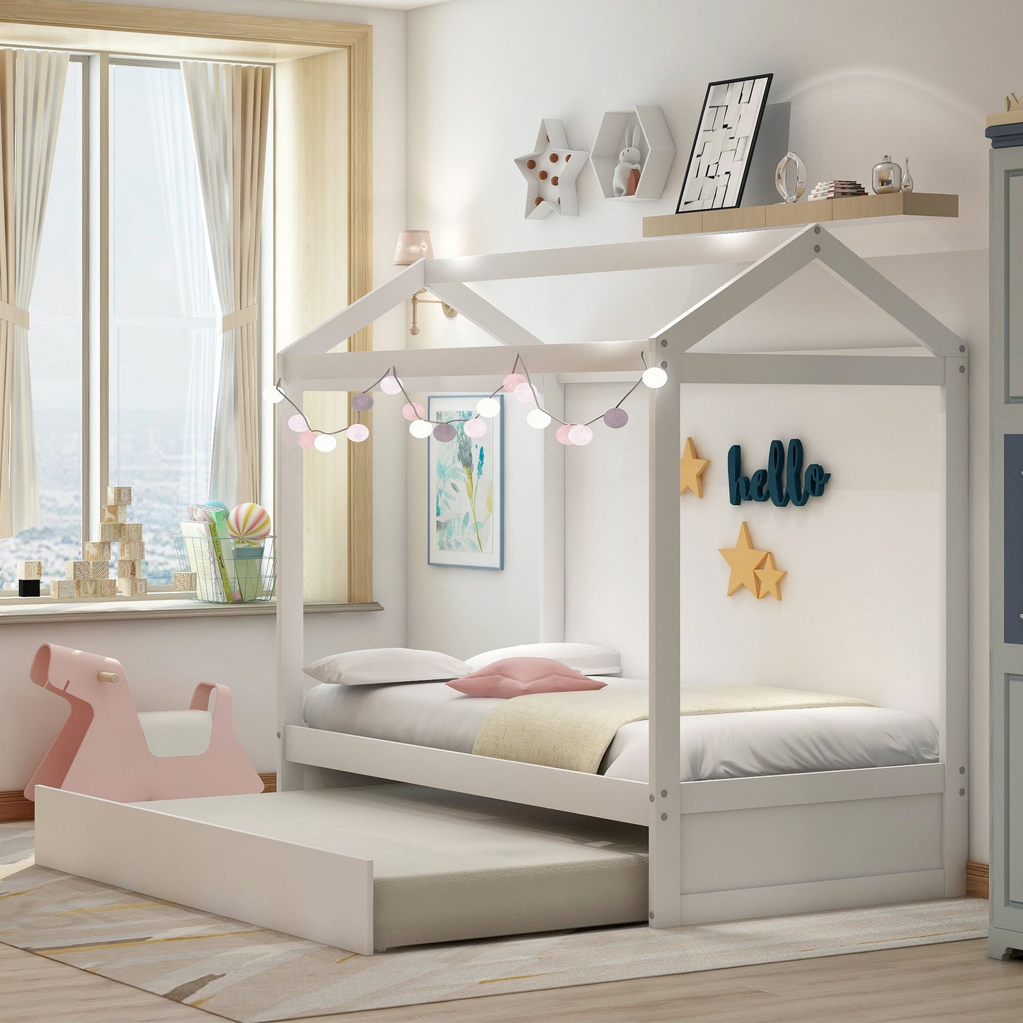 House Bed With Trundle In, Twin Size - White