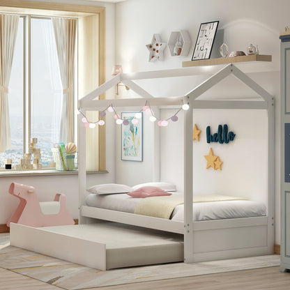 House Bed With Trundle In, Twin Size - White