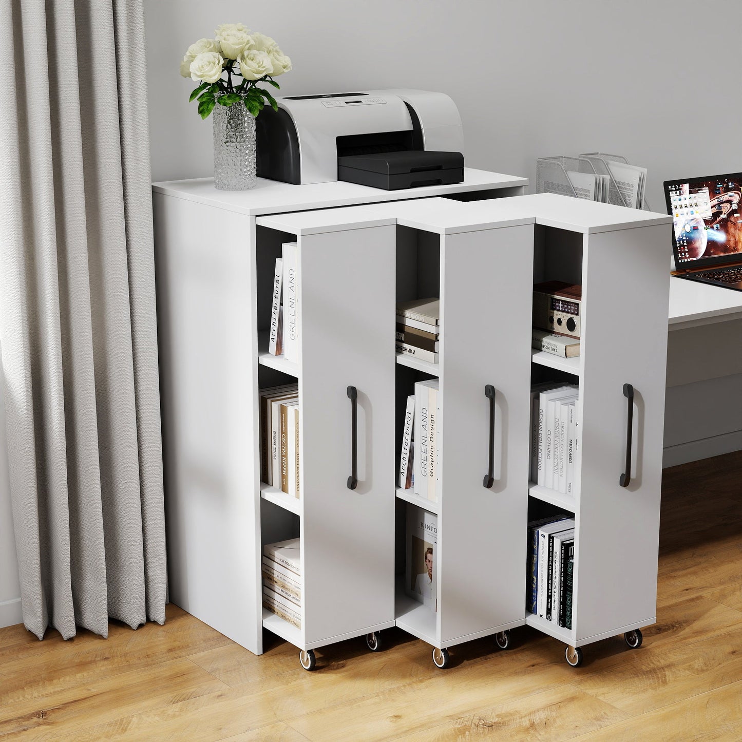 3 Tier Bookcase with Three Pulled Out Doors and Wheels