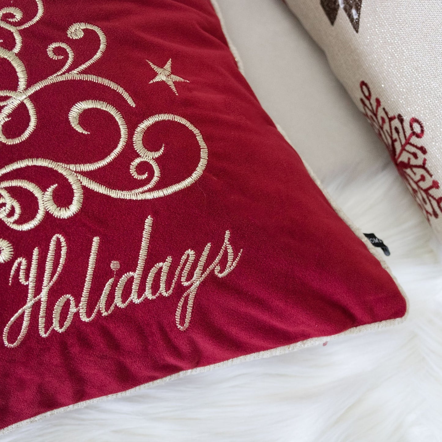 Red Velvet Holiday Pillow with Gold Embroidery