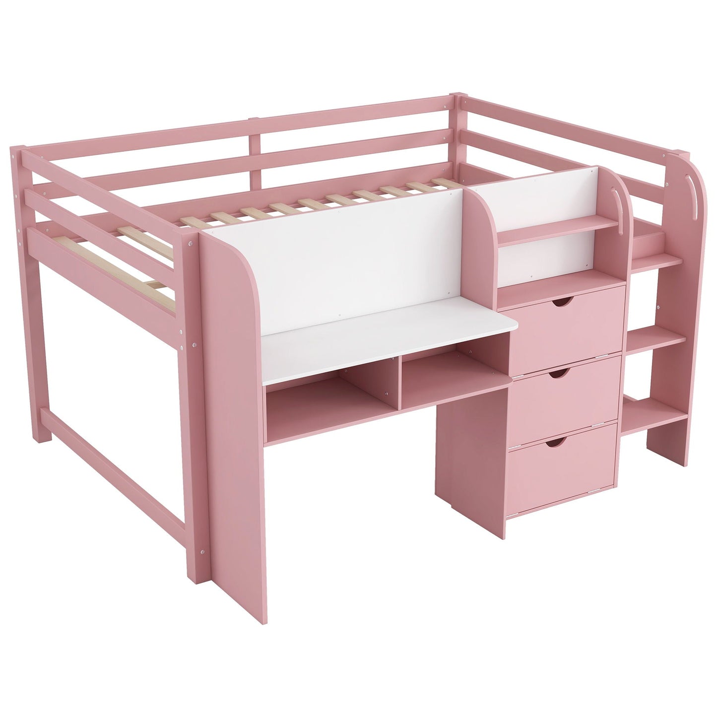 Low Loft Bed With Built In Desk, Storage Cabinets, Open Bookcase And Doodle board