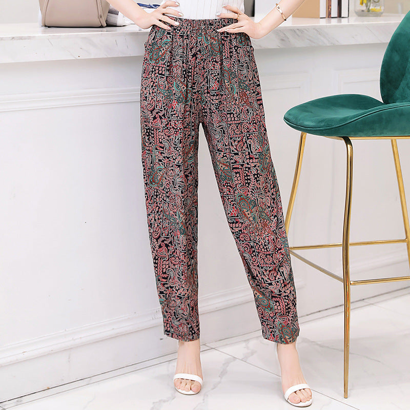 Vibrant Red & Blue Floral Cotton Linen Bloomers | Plus Size Breathable Mother Pants High-Waisted Comfort Slacks