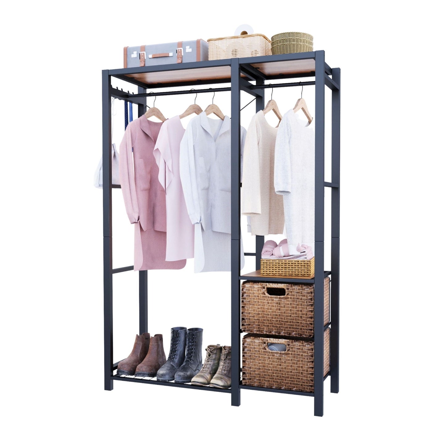 Garment Rack With Shelves, 2 Wicker Drawers, 4 Hooks Organizer