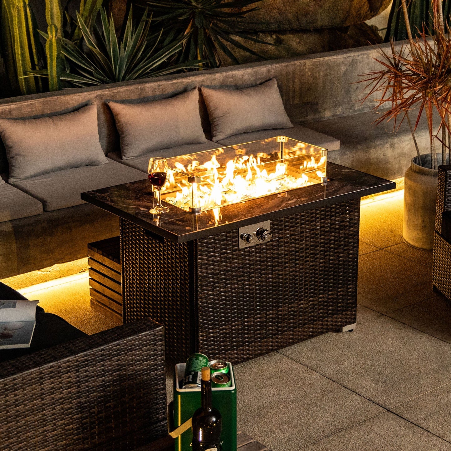 44' Propane Gas Fire Pit Table with Tile Top and Wicker Base