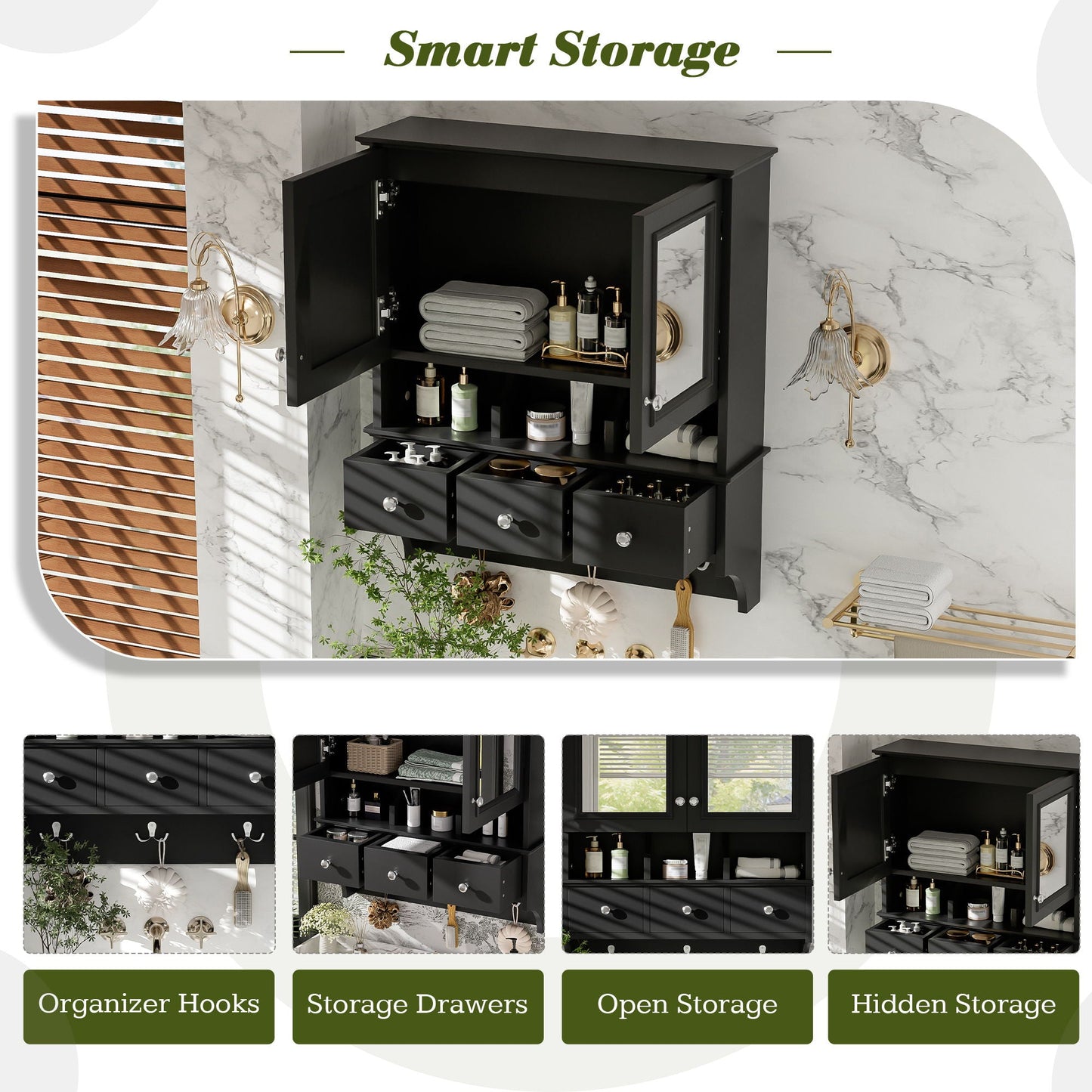 Modern Bathroom Mirror Cabinet With Drawers, Organizer Hooks, And High-Definition Mirrors