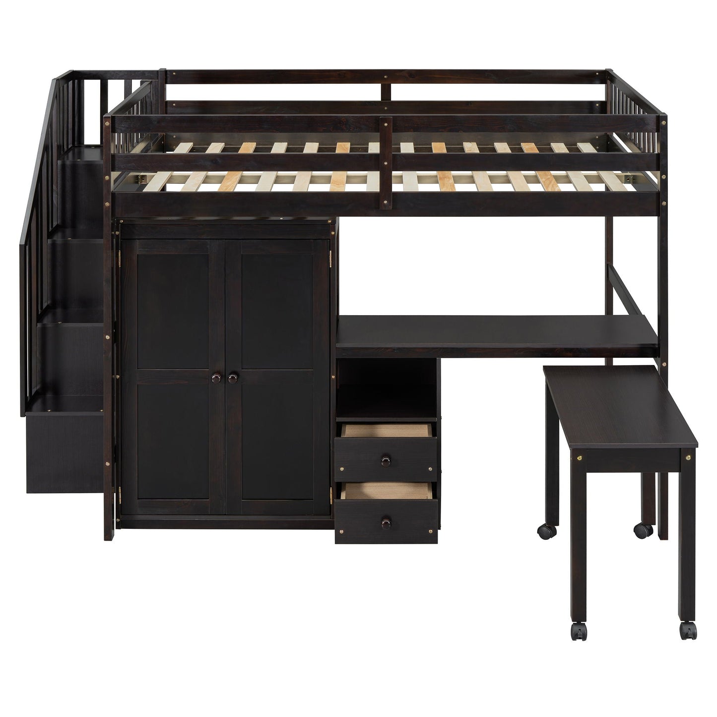 Loft Bed With Stairs, Bookshelf, Drawers, Desk & Wardrobe, Space Saving Multifunctional Furniture