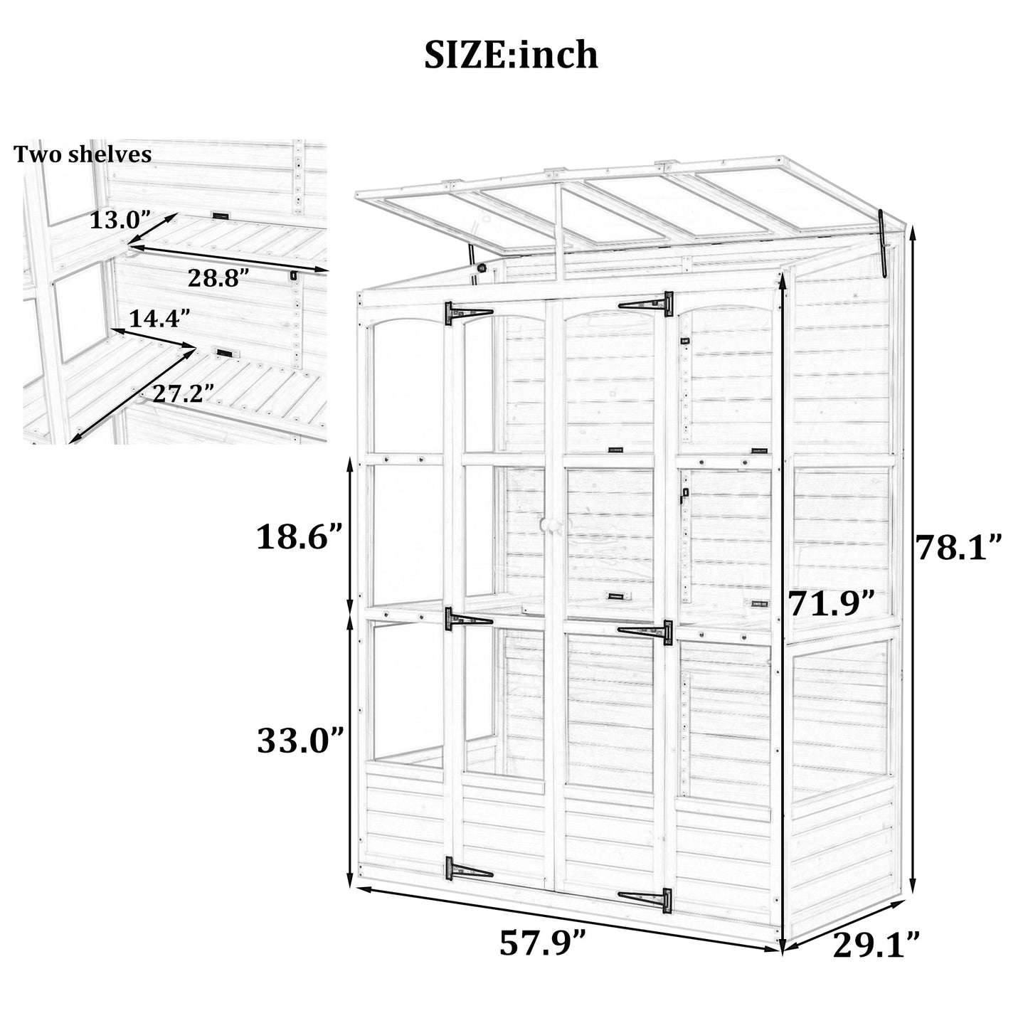 TOPMAX 78-inch Wooden Greenhouse Cold Frame with 4 Independent Skylights and 2 Folding Middle Shelves