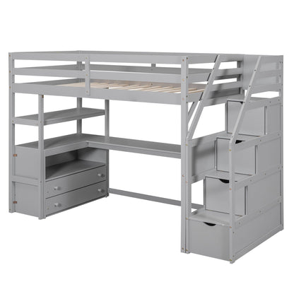 Loft Bed With Desk, Shelves, 2 Drawers, Storage Staircase