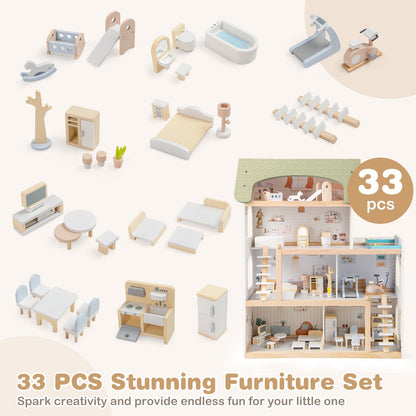 Wooden Dollhouse Kids DIY Pretend Playhouse with 33 PCS Furniture Accessories-Green