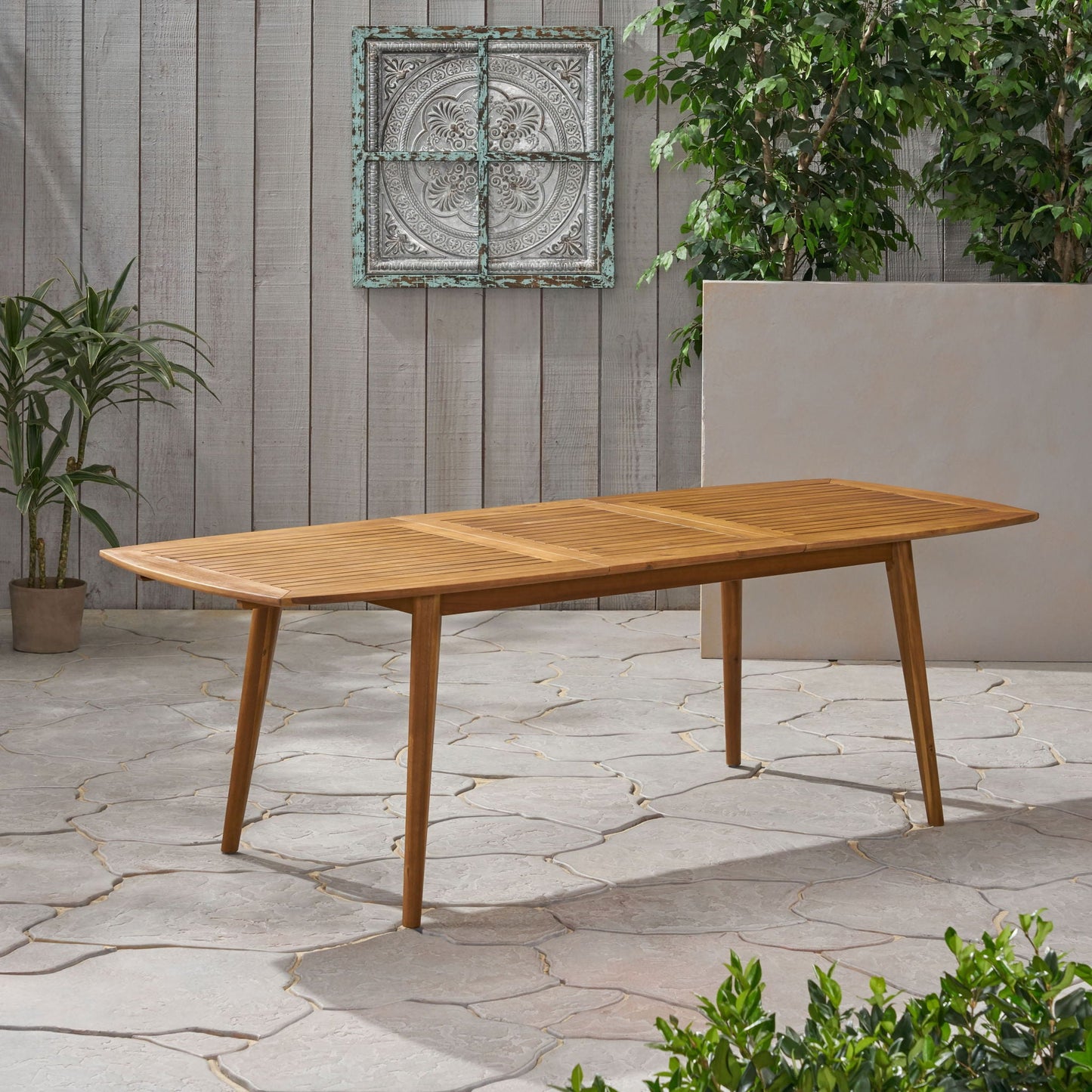 Placidity Outdoor Expandable Dining Table with Slatted Tabletop and Tapered Legs