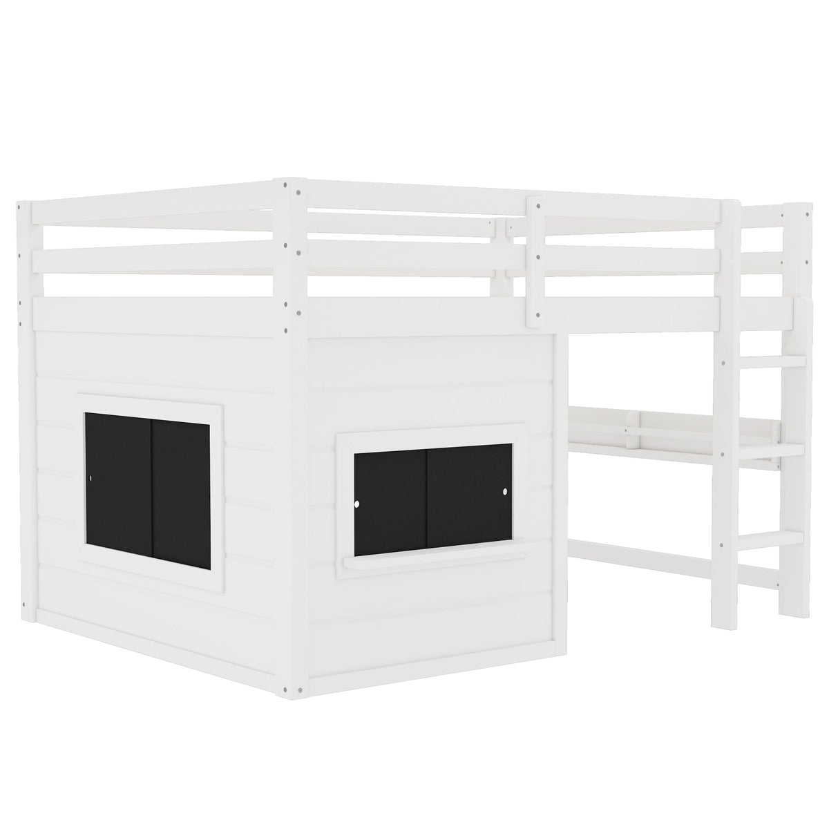 Full Size Loft Bed With Sliding Chalkboard & Bookshelf