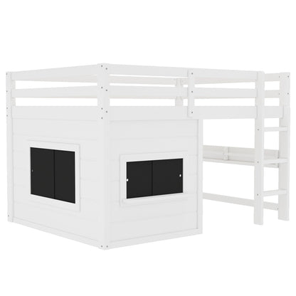 Full Size Loft Bed With Sliding Chalkboard & Bookshelf