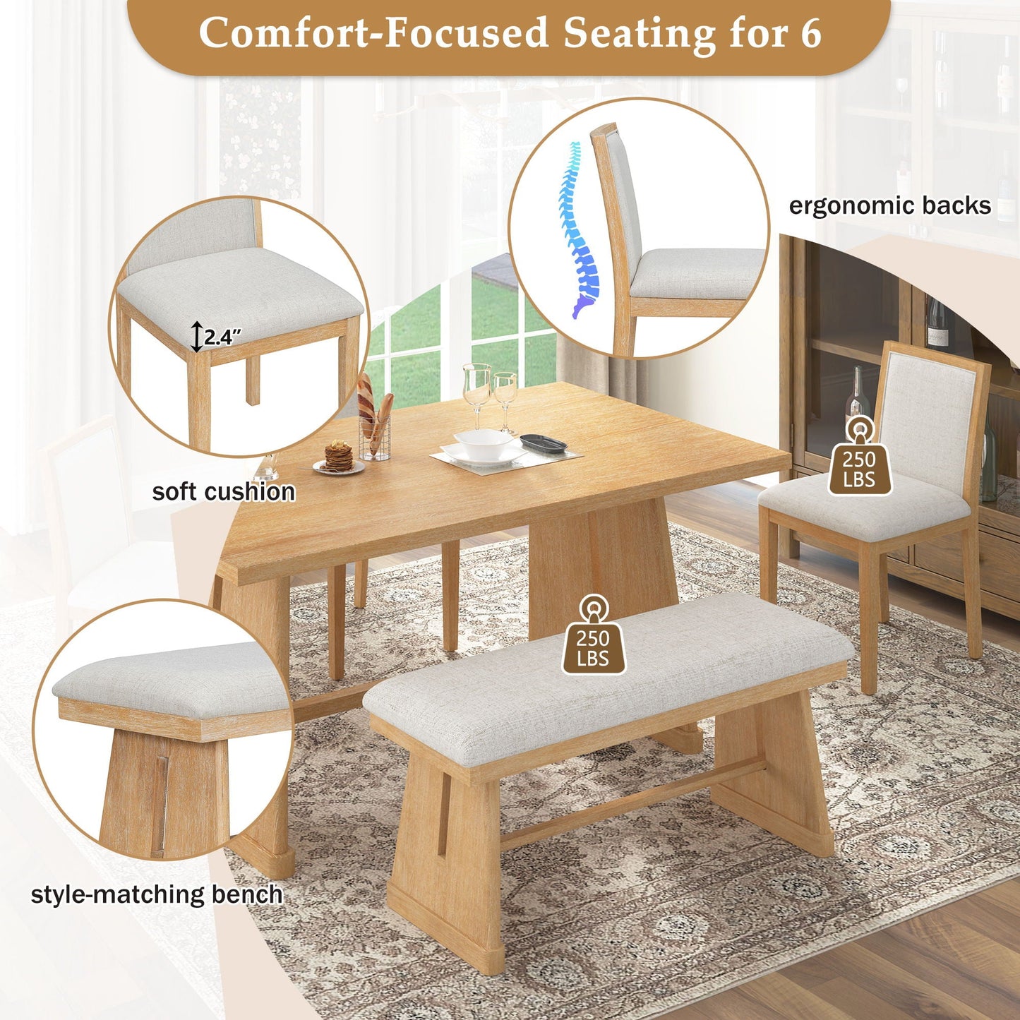 Dining Set With Rectangular Table, 4 Upholstered Chairs & 1 Padded Bench