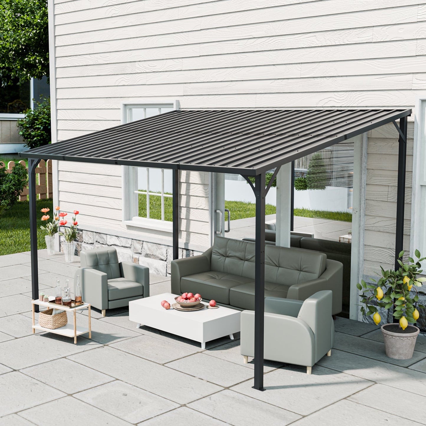 Outdoor Pergola 12' x 8' Galvanized Steel Lean-to Wall-Mounted