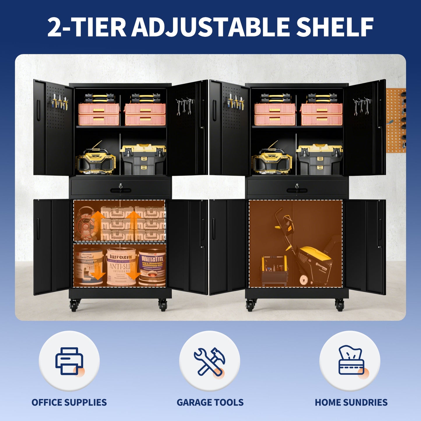 Metal Storage Cabinet with Drawer, Locking Doors, and Rolling Wheels