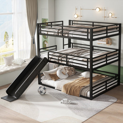 Queen Over Queen Over Queen Bunk Bed with Slide