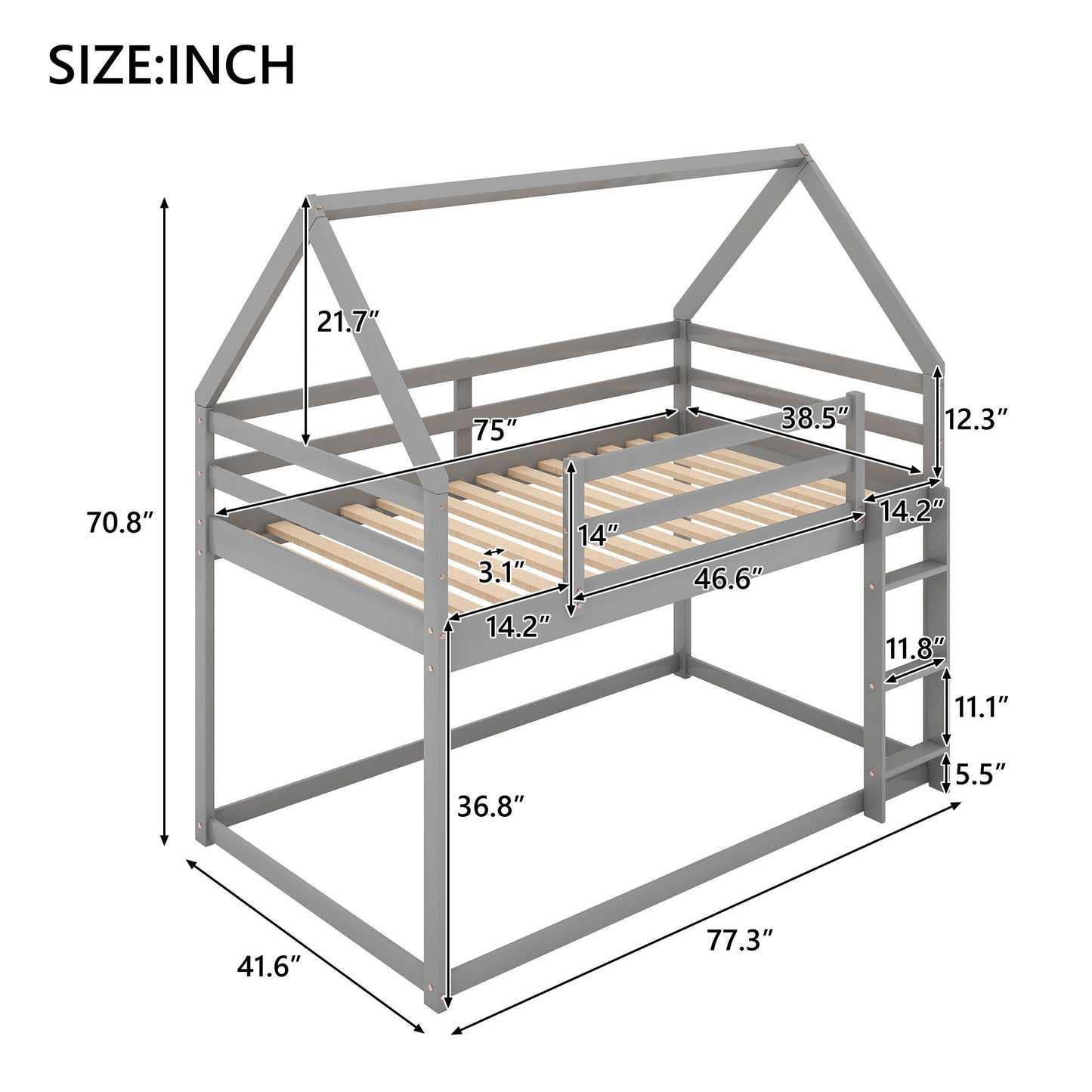 Low Bunk Bed With House Shaped Frame And Ladder