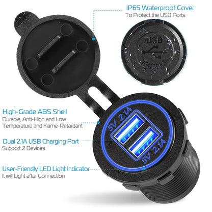 1Pc 2 USB Charger 12-24V Car Cigarette Lighter Socket Splitter Dual USB 2.1A Outlet Car Charger IP65 waterproof for Car Boat Marine Mobile