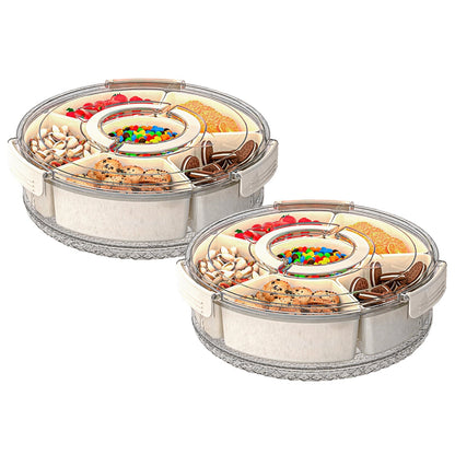 2Pcs Divided Serving Tray with Lid and Handle 360¡ Rotatable Snack Box Container with 6 Dividers Clear Portable Snack Platters for Fruit Candy Nut Sna