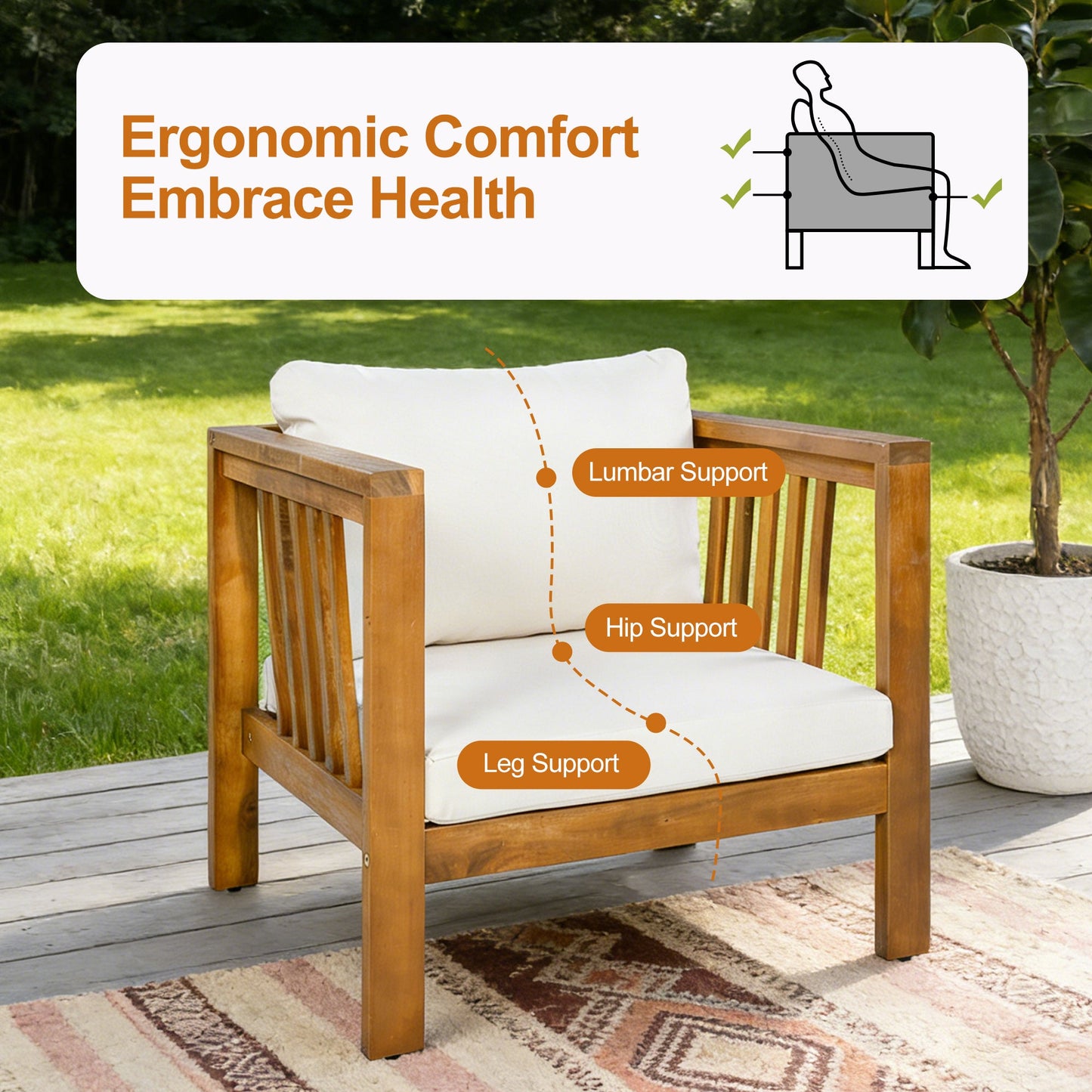 Set of 2 Outdoor Acacia Wood Club Chairs with Modern Square Arms