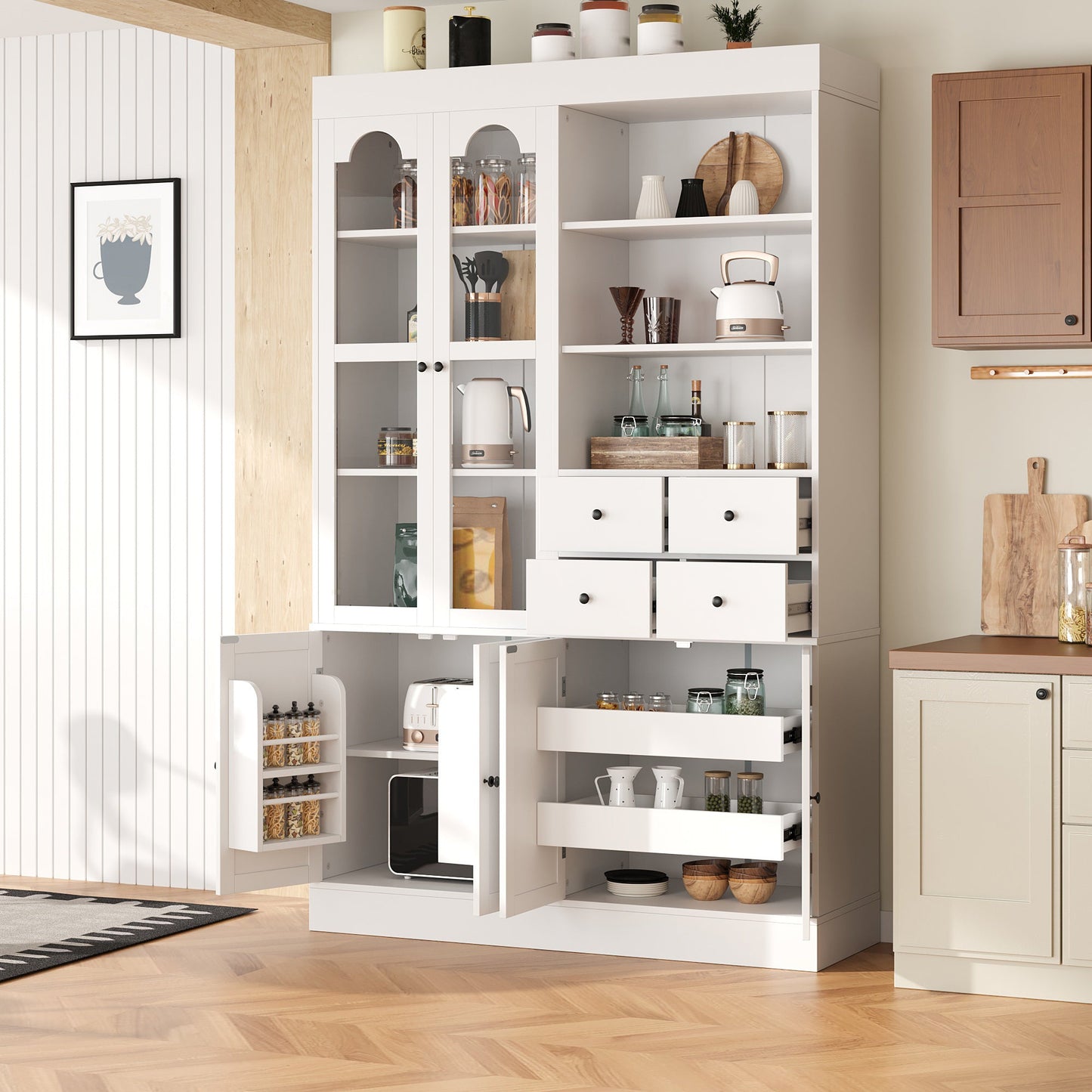 TOPMAX Freestanding Buffet With Hutch - Tall Kitchen Pantry Cabinet