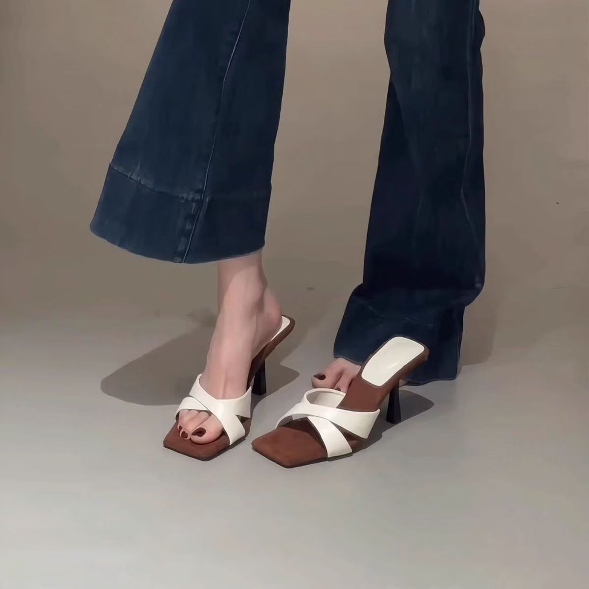 Elegant Socialite Style Cross Strap Open Toe Square Toe Slides For Women, French Stunning 7cm Stiletto High Heels For Summer Outdoor Wear