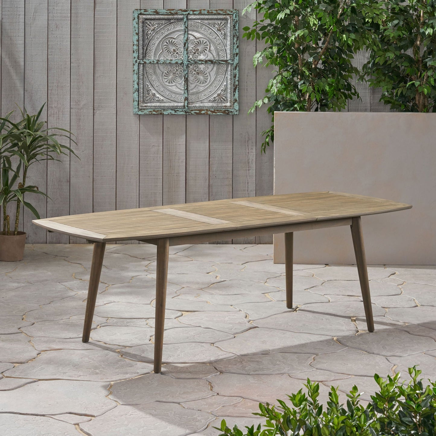 Placidity Outdoor Expandable Dining Table with Slatted Tabletop and Tapered Legs
