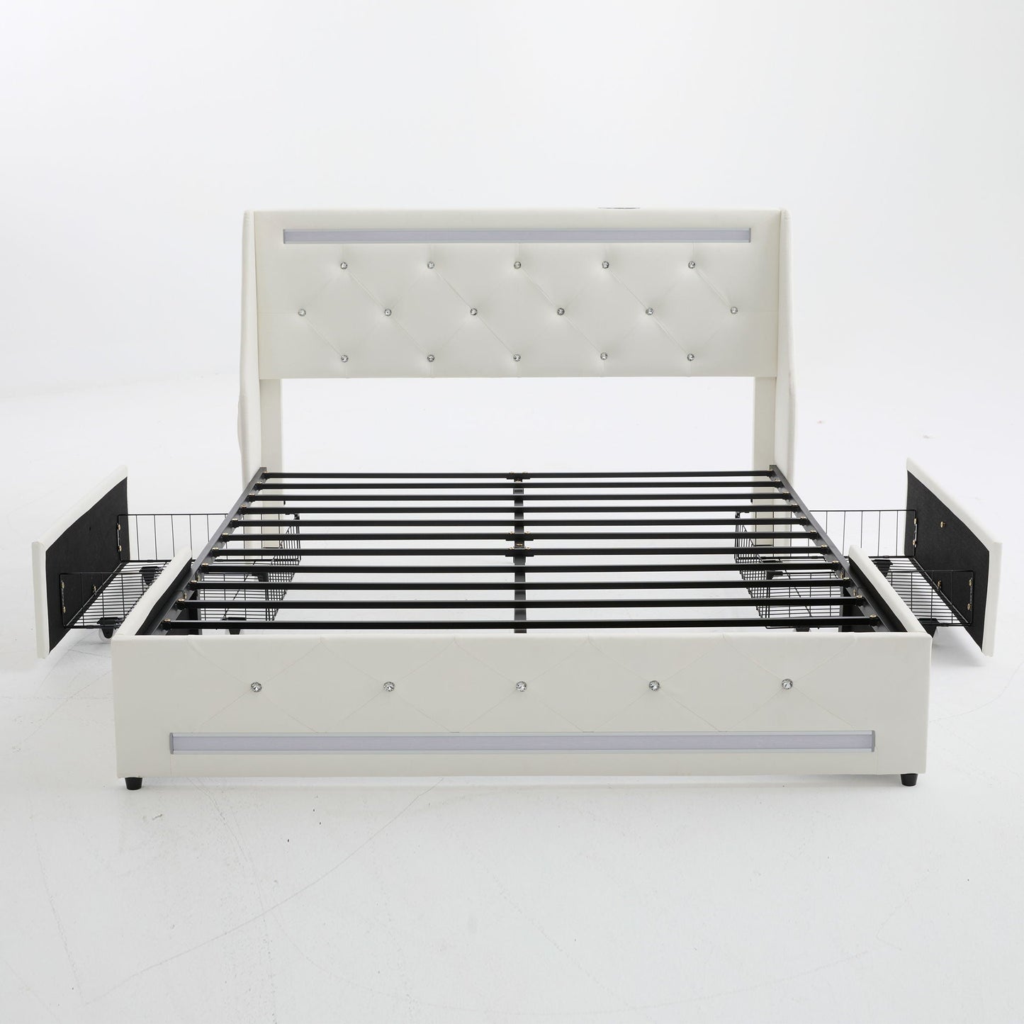 Wingback Upholstered Bed Frame With LED Lights, Charging Station