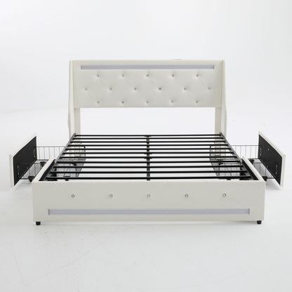 Wingback Upholstered Bed Frame With LED Lights, Charging Station