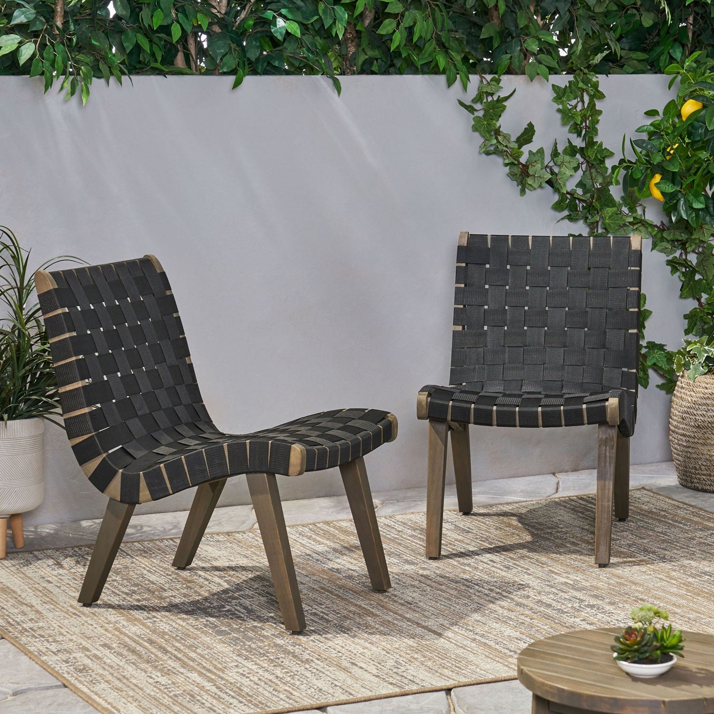 Lounge Chair With Stunning Rope Weave Design, Set of 2 - Black