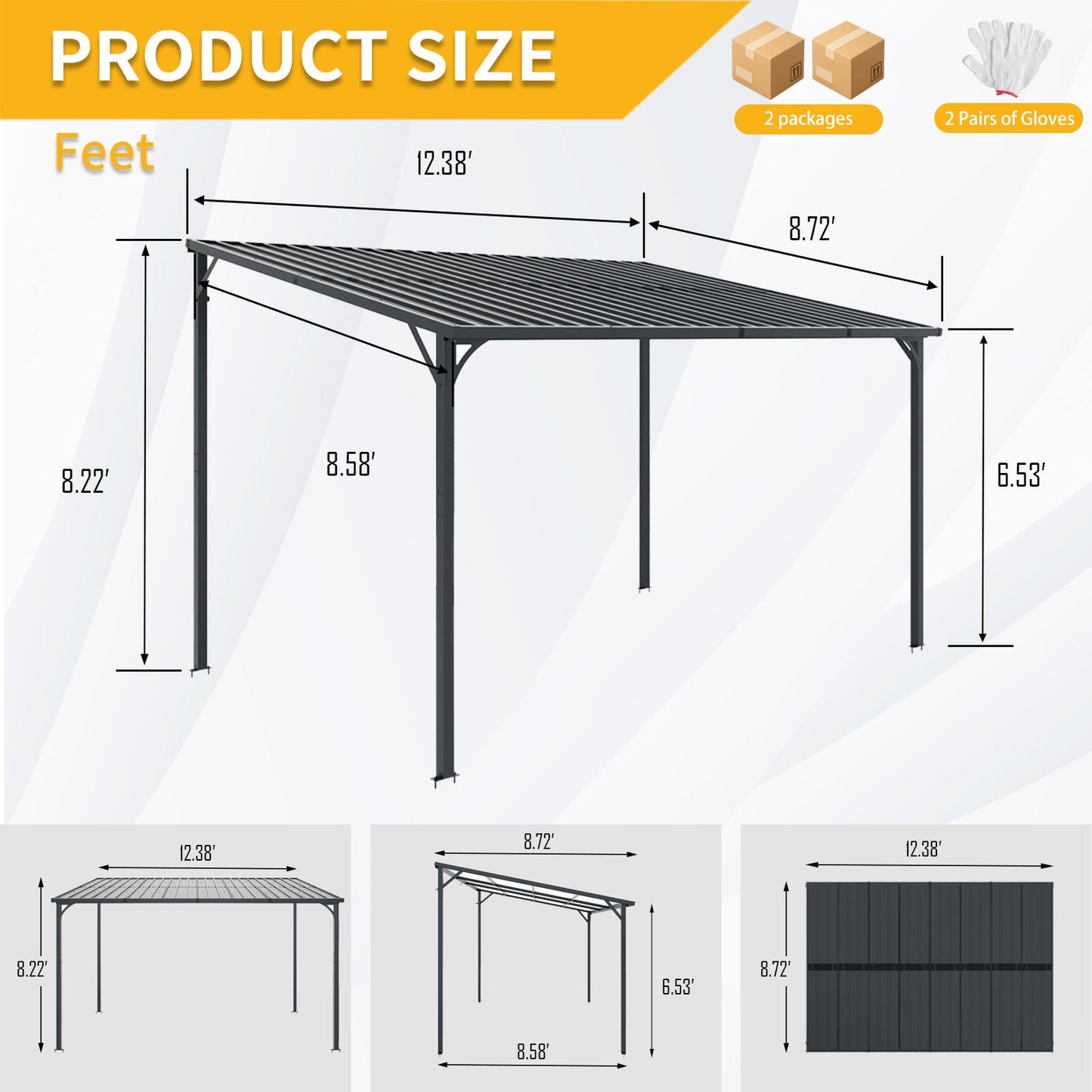 Outdoor Pergola 12' x 8' Galvanized Steel Lean-to Wall-Mounted