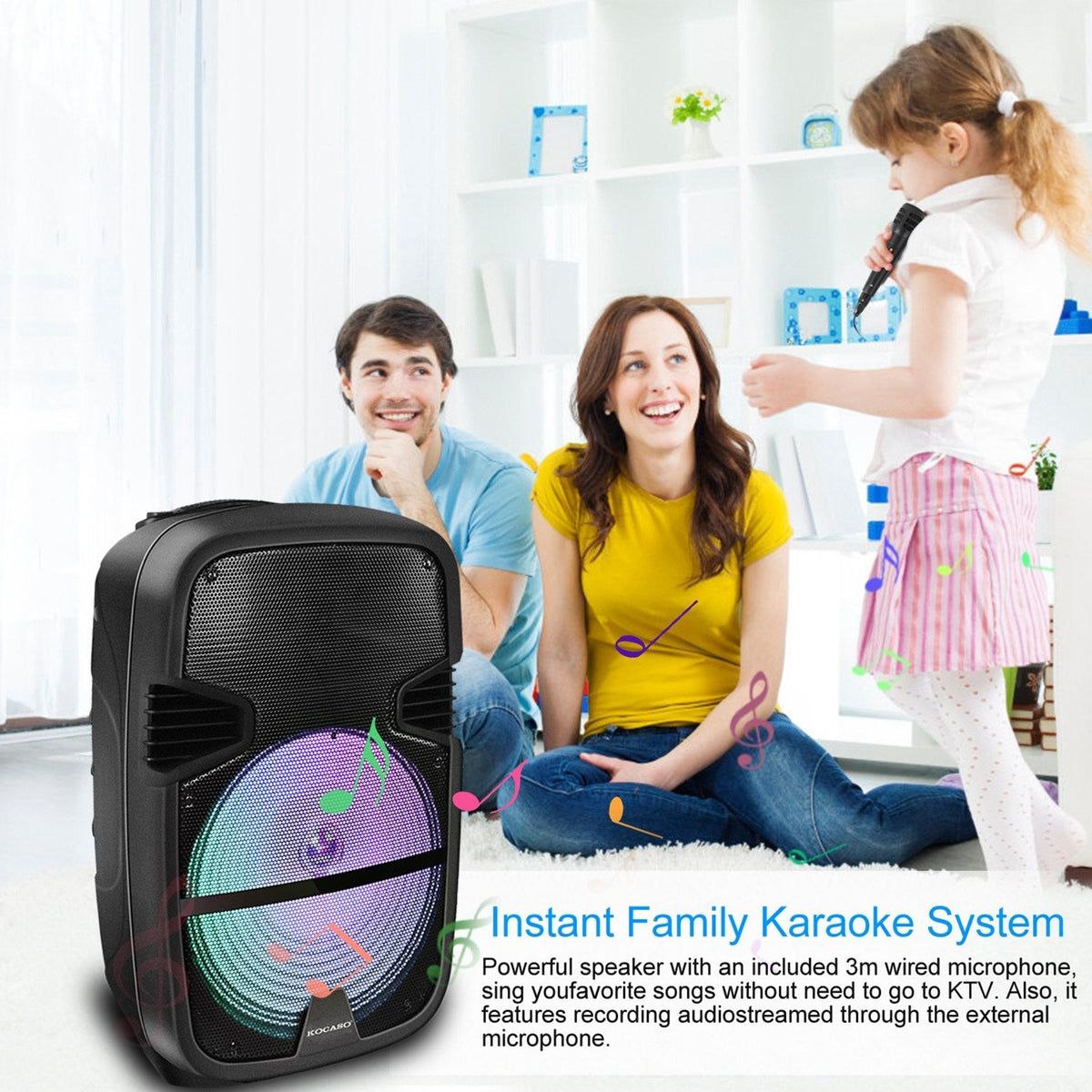 KOCASO Wireless Speaker Portable PA Karaoke System with 15" Subwoofer FM Radio Wired Microphone w/ DJ Lights Remote Control