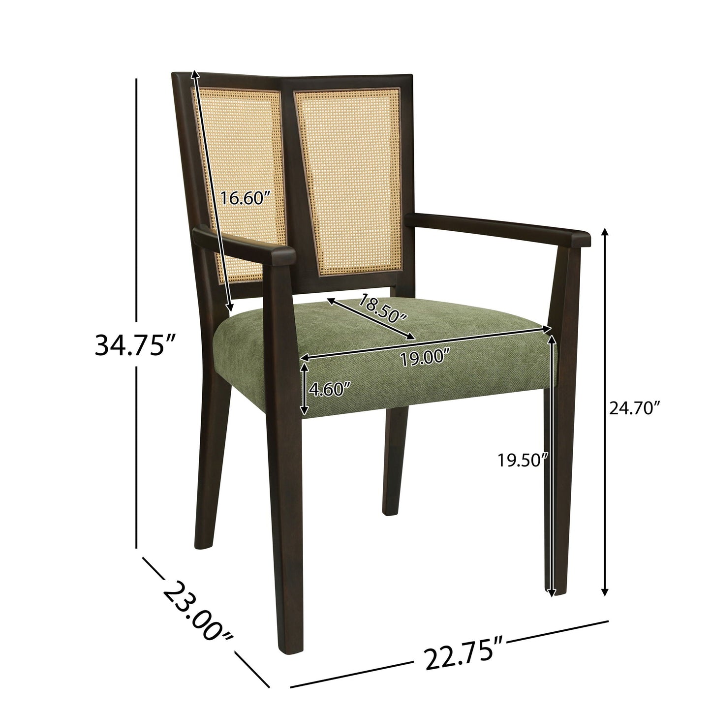 Mid Century Modern Arm Dining Chair Set With Rattan Backrest