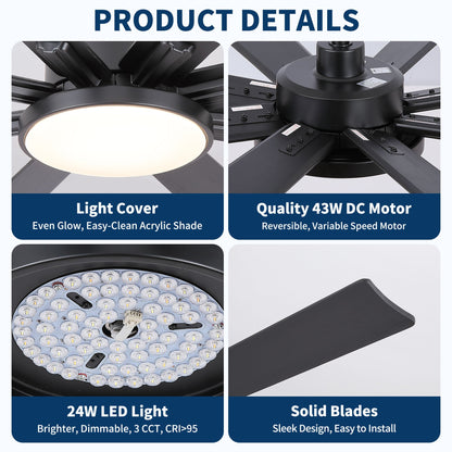 Large Ceiling Fan With Dimmable LED Light 8 Blades Remote Control, Reversible DC Motor