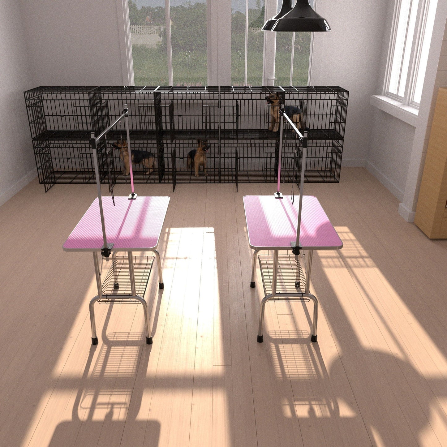 Folding Dog Pet Grooming Table Stainless Steel Frame Rubber Mat On Board With Adjustable Arm And Clamps Pet Dog Cat Grooming Table