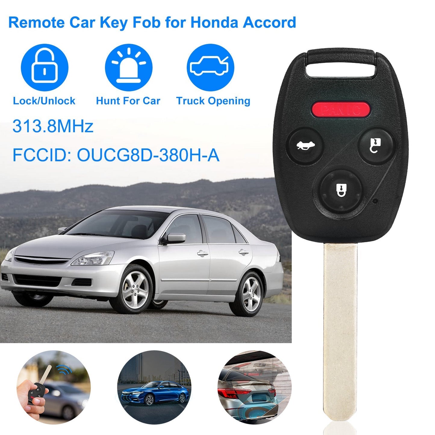 Fit For Honda Accord 2003-2007 Remote Keyless Entry Shell Button Car Key Fob Uncut Key Cover Case OUCG8D-380H-A FCCID 313.8MHz Frequency