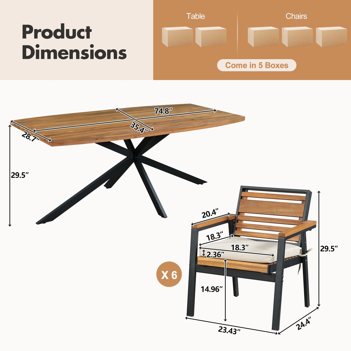 Modern 7-Piece Dining Set with Acacia Wood and Iron Frame