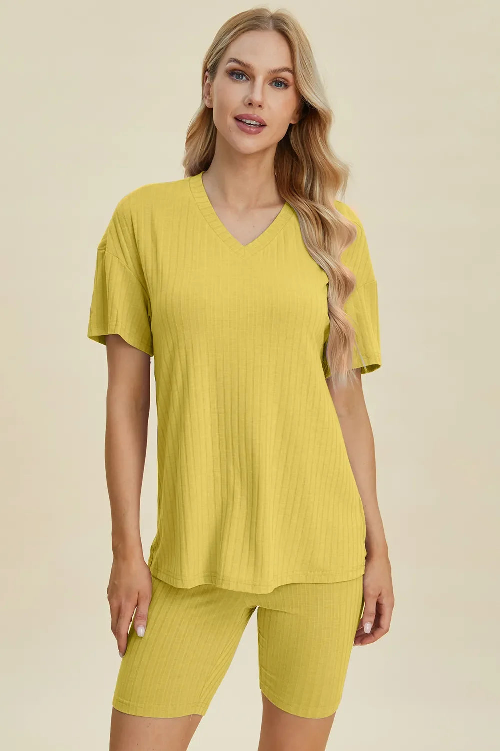 Plus Size Ribbed V-Neck Top & Shorts Set