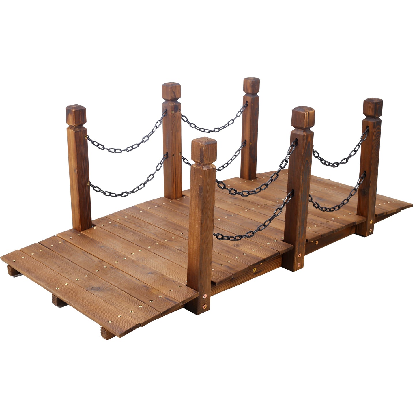 5 Ft Wooden Garden Bridge, Stained Wood Arc Footbridge with Chain Railings