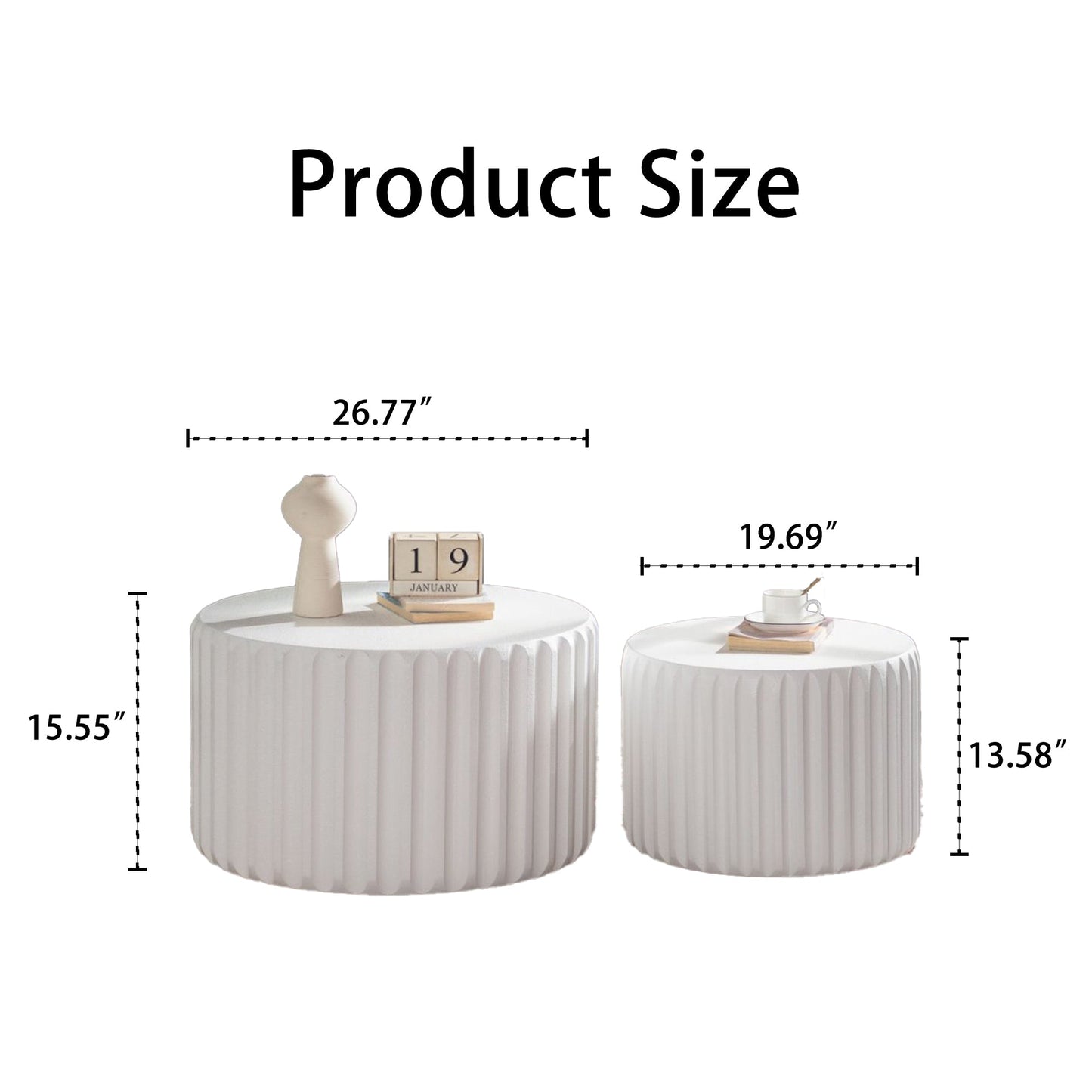 White Scalloped Round Coffee Table Set: Nesting Design, Elegant Curved-Edge Shape
